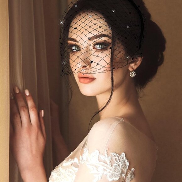 Black Veil Mesh Veil Headband 1920s Headpiece Birdcage Veil Bridal Wedding Tea P - Picture 2 of 7